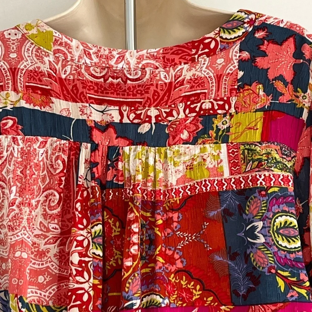 Jones New York Patchwork Floral Paisley Boho Blouse 3/4 Tie Sleeve 1X